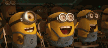 A crowd of excited minions cheering and clapping
