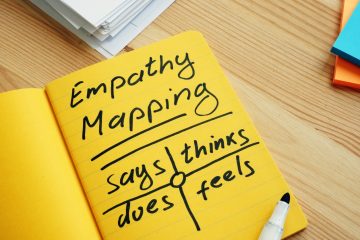 Empathy mapping;Note pad with map and pen.