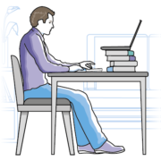 Drawing of a man sat at table working on a laptop; raised with books.