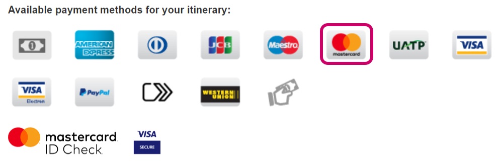Clip from Emirates website - payment options