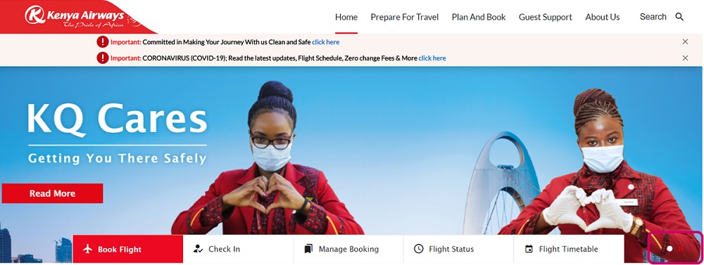 Clip of Kenya Airways website homepage with a focus on the pause button 