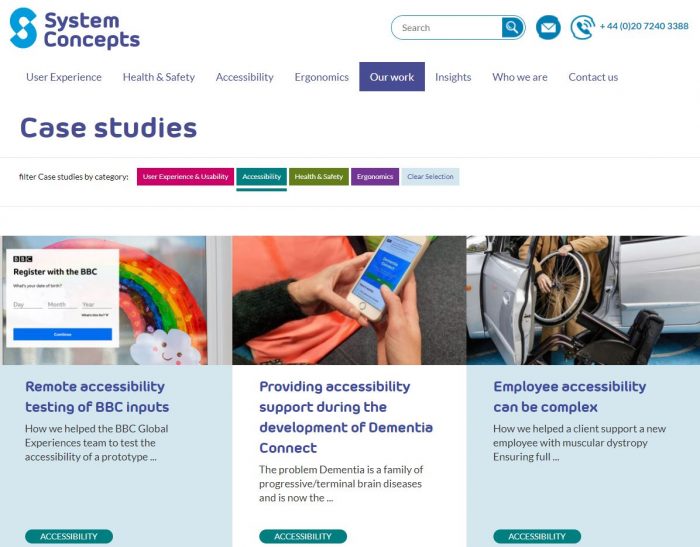 The Case studies page of the System Concepts website, which uses different colours for each of four categories that the user can filter the results by. 