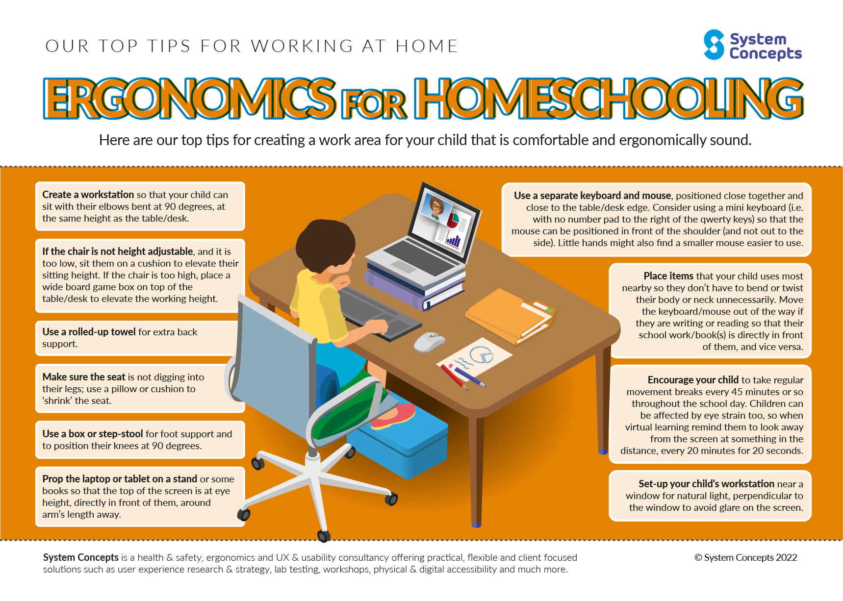 (alt="working from home infographic, our top ergonomic tips for home schooling")