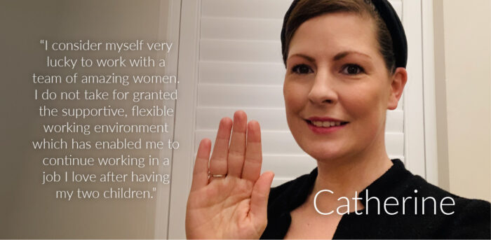Catherine striking the #ChooseToChallenge hand up pose - "I consider myself very lucky to work with a team of amazing women. I do not take for granted the supportive, flexible working environment which has enabled me to continue working in a job I love after having my two children."