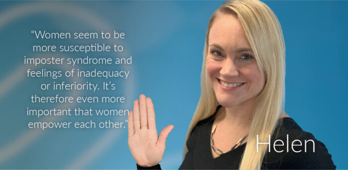 Helen striking the #ChooseToChallenge hand up pose - "Women seem to be more susceptible to imposter syndrome and feelings of inadequacy or inferiority. It’s therefore even more important that women empower each other."
