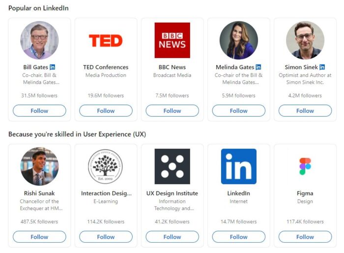 Screenshot of LinkedIn's suggestion of users to follow, at least 5 sources and offers suggestions during onboarding.