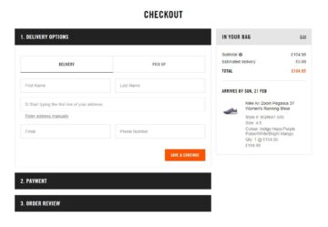 Screenshot of Nike Checkout showing that they remove unnecessary design elements from the checkout screen and guides the user through three clear steps.