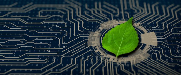 (alt=”Green leaf on the converging point of computer circuit board.”)