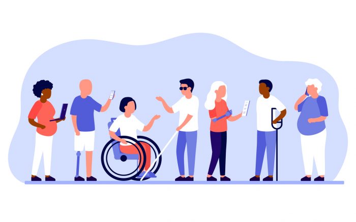 Alt Text - (alt=”Illustration of A group of 6 people with varying ability and different access needs interacting with different technologies.")